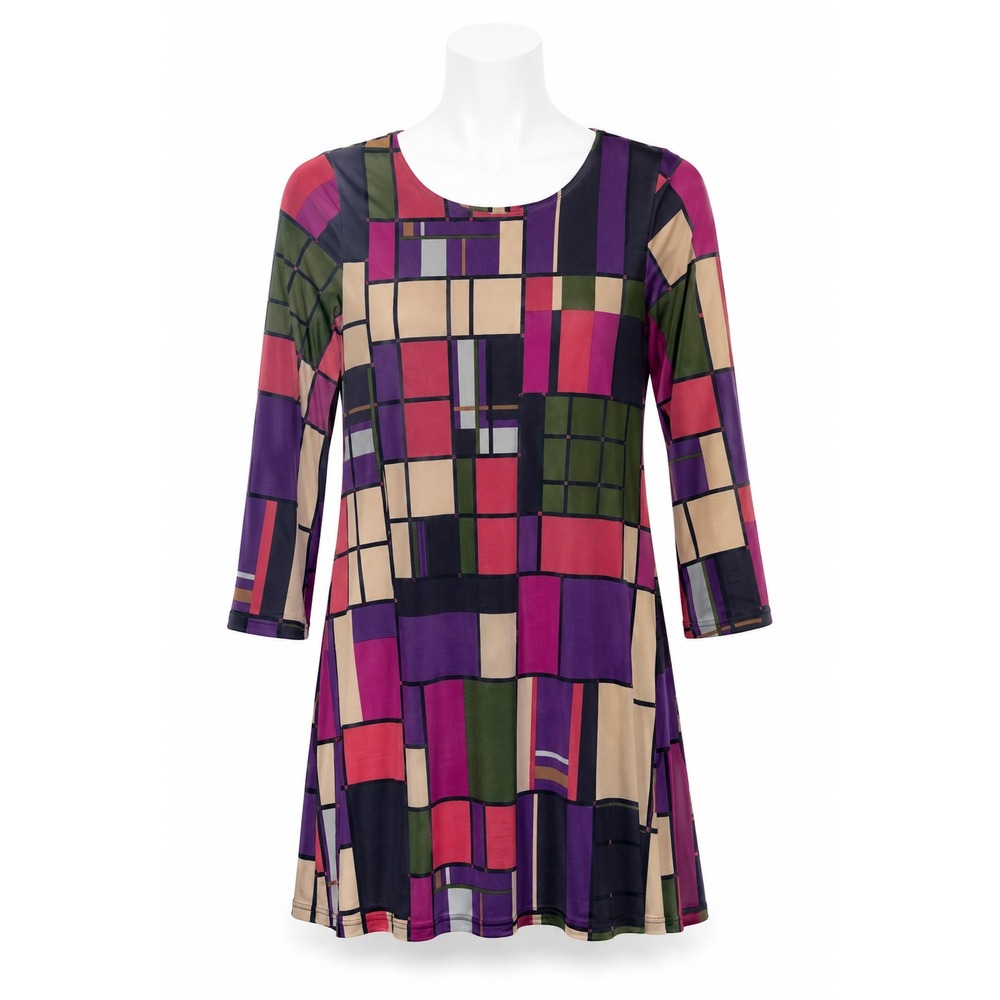 Sunny Leigh Geometric Patchwork Shift Blouse 3/4 Sleeve Colorblock Tunic Top